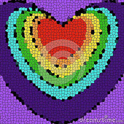 Abstract bitmap. Mosaic in the shape of hearts in the colors of the rainbow on a purple background Stock Photo