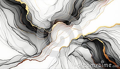 Abstract Black Alcohol Ink with Gold Streak on White Background. Elegant Liquid Painting Texture Stock Photo