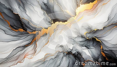 Abstract Black Alcohol Ink with Gold Streak on White Background. Elegant Liquid Painting Texture Stock Photo