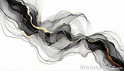 Abstract Black Alcohol Ink with Gold Streak on White Background. Elegant Liquid Painting Texture Stock Photo