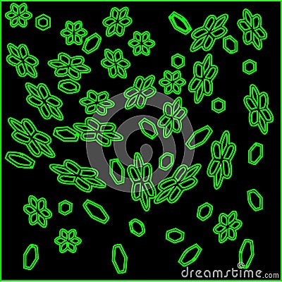 Abstract black background with black flowers and leaves with green stroke Vector Illustration