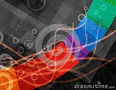 Abstract black background design with colorful stripe and circle rings and line waves Stock Photo
