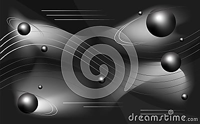 Elegant abstract black background with 3d spheres and circles. Outer space with waves, stripes, space for text. Vector Illustration