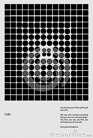 Abstract black circles in grid formation with text about the fundamental role of cells in life. Modern aesthetics Stock Photo