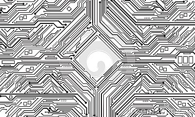 Abstract black circuit board technology connected lines electronics elements computer motherboard chip processor semiconductor Vector Illustration