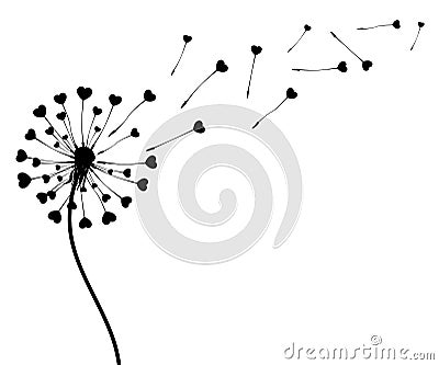 Abstract black dandelion silhouette with hearts, flying seeds of love dandelion - vector Vector Illustration