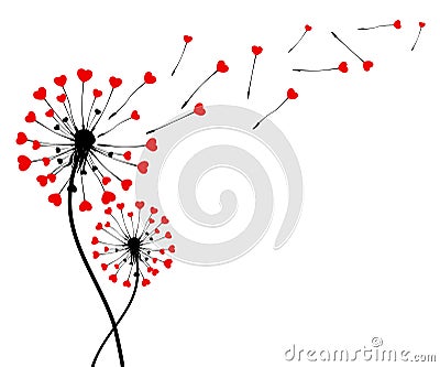 Abstract black dandelion silhouette with hearts, flying seeds of love dandelion - vector Stock Photo