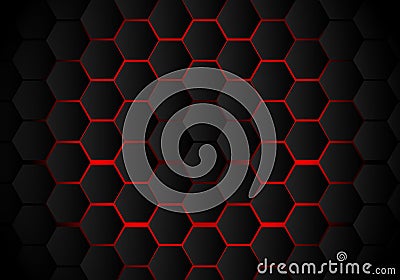 Abstract black hexagon pattern on red neon background technology style. Honeycomb Vector Illustration