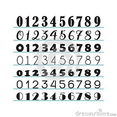 Abstract black isolated silhouette and line assorted math numbers, zero to nine icons set design element on white Vector Illustration