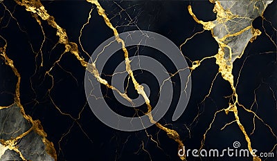 Abstract black marble background with golden veins, japanese kintsugi technique Stock Photo