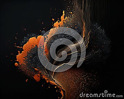 Abstract black, orange and blue tones painting background. Thick paint Light black splatter. Realistic and naturalistic textures. Stock Photo