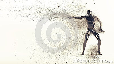 Abstract black plastic human body mannequin with scattering particles over white background. Action break dance electric pose Cartoon Illustration