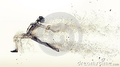 Abstract black plastic human body mannequin with scattering particles over white background. Action dance ballet pose Cartoon Illustration