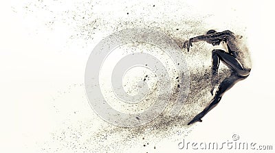 Abstract black plastic human body mannequin with scattering particles over white background. Action dance jump ballet pose Cartoon Illustration
