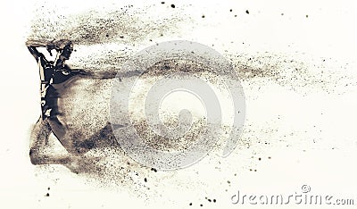 Abstract black plastic human body mannequin with scattering particles over white background. Action jumping pose Cartoon Illustration