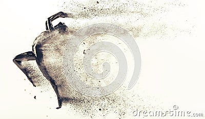 Abstract black plastic human body mannequin with scattering particles over white background. Action running and jumping pose Cartoon Illustration