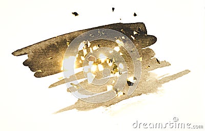 Abstract black watercolor splash and golden glitter, pieces of foil, background in vintage nostalgic colors Stock Photo