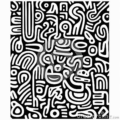 Bold And Striking Black And White Squiggly Line Drawing With Isolated Figures Stock Photo