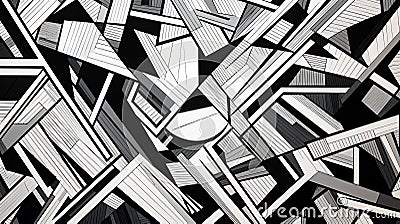Abstract Black And White Drawing: Harsh Angles, Psychotic Cubism, Hard Edge Painting Cartoon Illustration