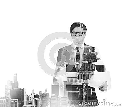 Abstract black and white Image of transparent businessman's Silhouettes. New York cityscape. Stock Photo