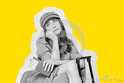 Abstract black and white portrait with a yellow stroke of a female traveler awaiting dispatch Stock Photo