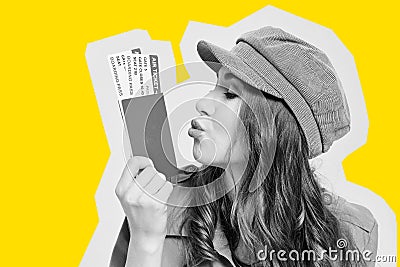 Abstract black and white portrait with a yellow stroke girl traveler kissing tickets Stock Photo