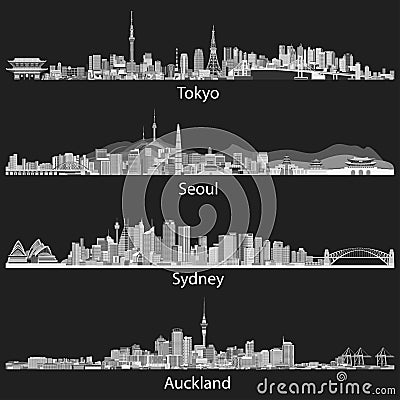 Abstract black and white skylines of Tokyo, Seoul, Sydney and Auckland. Vector Illustration