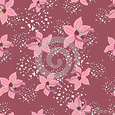 Abstract bloom seamless pattern with hand drawn random pink orhid flowers shapes. Background with splashes Vector Illustration