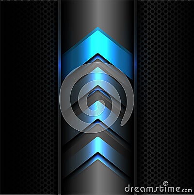 Abstract blue arrow power light technology on dark gray metal circle mesh design modern futuristic background texture vector. Vector Illustration