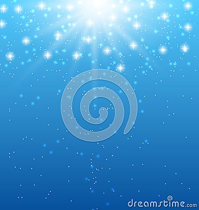 Abstract blue background with sunbeams and shiny stars Vector Illustration
