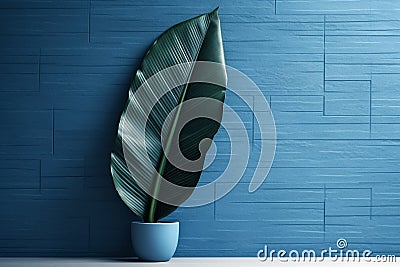 Abstract blue banana leaf in minimalist interior background. Generative AI Stock Photo