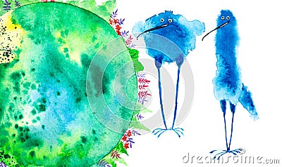 Abstract blue birds on a green planet earth background with forests and fields. Watercolor illustration isolated on white Cartoon Illustration