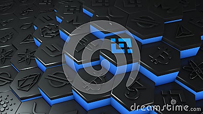 Abstract blue BNB Binance coin cryptocurrency with blockchain network connection in blockchain conceptual 3d illustration Cartoon Illustration