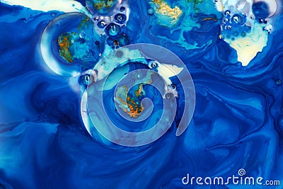 Abstract blue bubble and wave horisontal background. Marble texture. Acrylic color in water and oil Stock Photo