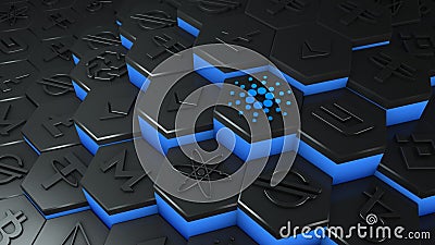 Abstract blue Cardano coin cryptocurrency with blockchain network connection in blockchain conceptual 3d illustration Cartoon Illustration