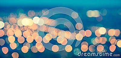 abstract blue circular bokeh background, city lights with horizon, toned style, panorama Stock Photo