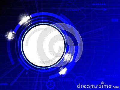 Abstract blue colored tech background with various technological element and bright flare. Vector Illustration