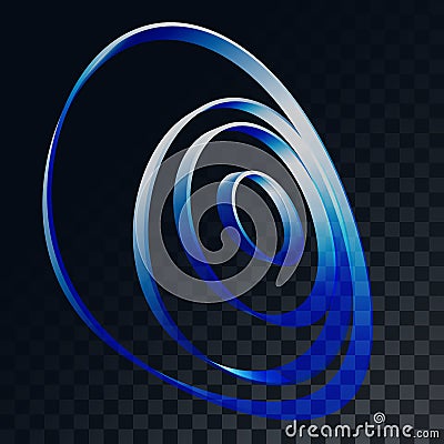Abstract blue 3d futuristic volumetric circles, rings on a translucent dark and checkered black background from squares. Vector Illustration