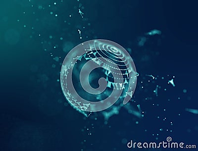 Abstract blue 3d Illuminated distorted Mesh Sphere . Neon Sign . Futuristic Technology HUD Element . Elegant Abstract Stock Photo