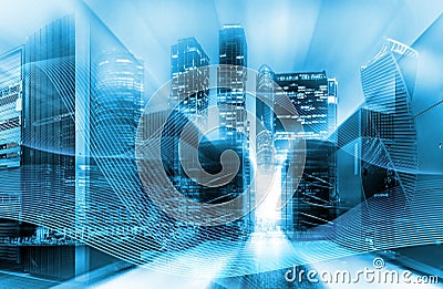 Urban innovation and information technology concept. Double exposure. Abstract blue digital city with power lines and Stock Photo