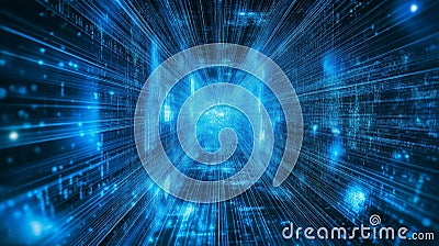 Abstract blue digital field with neon data flows and algorithmic patterns Stock Photo
