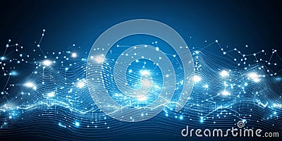 Abstract Blue Digital Wave Network Technology Background Design web data dots mesh grid light lines Stock Photo