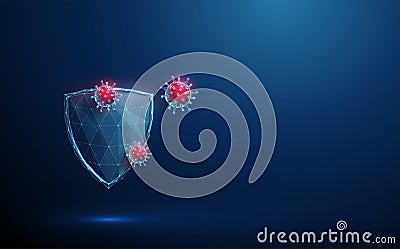 Abstract blue futuristic guard shield attacked by red viruses. Immune system and virus protection concept. Low poly Vector Illustration