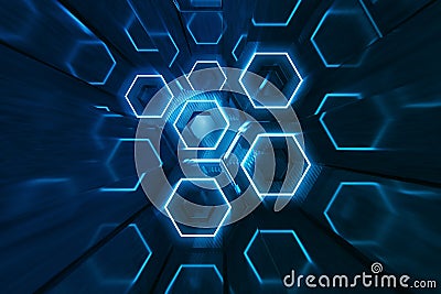 Abstract blue of futuristic surface hexagon pattern, hexagonal honeycomb with light rays, 3D Rendering Stock Photo