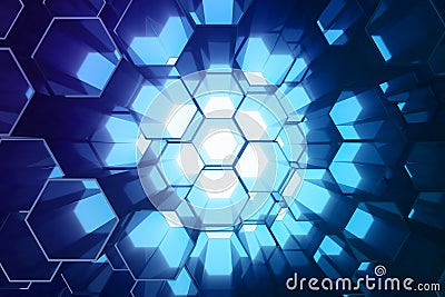 Abstract blue of futuristic surface hexagon pattern, hexagonal honeycomb with light rays, 3D Rendering Stock Photo