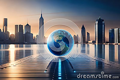 Abstract Blue Globe With Connected Cities: Global Connections. Photo. Generative AI Stock Photo