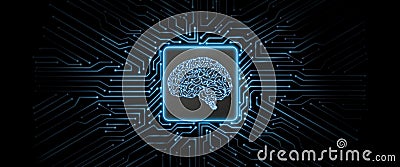 Abstract blue glowing circuit board background with brain logo at center. Stock Photo