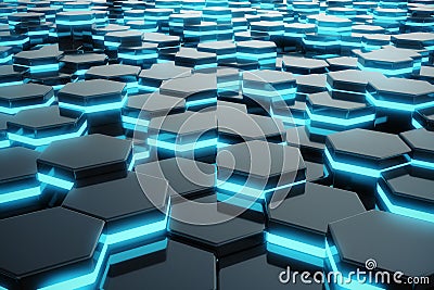 Abstract blue glowing of futuristic surface hexagon pattern. 3D Rendering Stock Photo