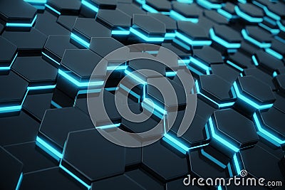 Abstract blue glowing of futuristic surface hexagon pattern. 3D Rendering Stock Photo