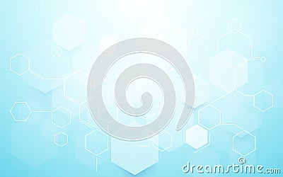 Abstract blue hexagons shape and lines with science concept background. Vector Illustration